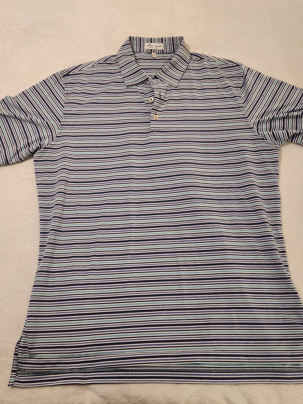 Peter Millar Summer Comfort Striped Performance Golf Polo - Blue/White - Size L